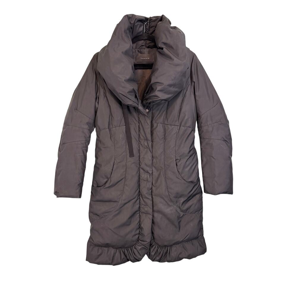 Tahari Elissa Puffer Down Coat Womens M/L Black Packable Lightweight Hooded Zip